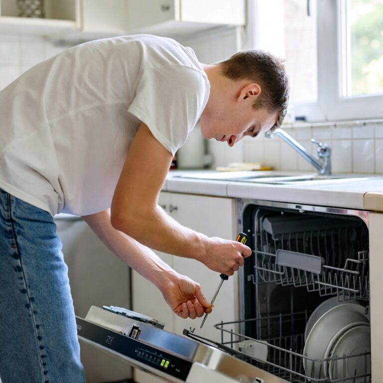Technician inspecting dishwasher drain filter in a modern kitchen