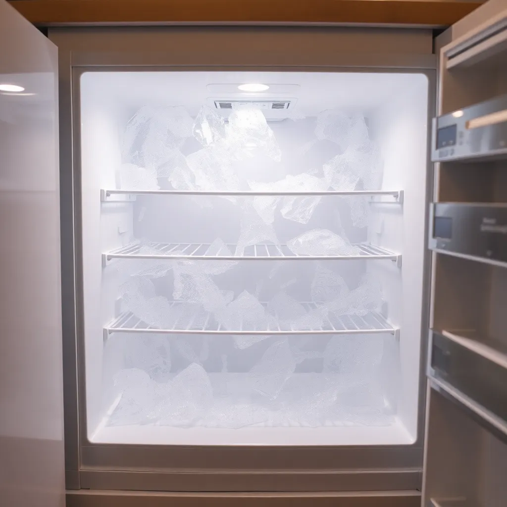 Frost and ice buildup inside a home freezer