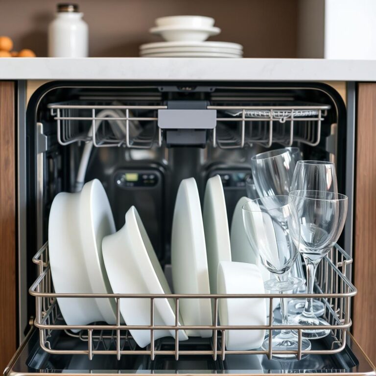 Sparkling clean dishes inside a modern dishwasher