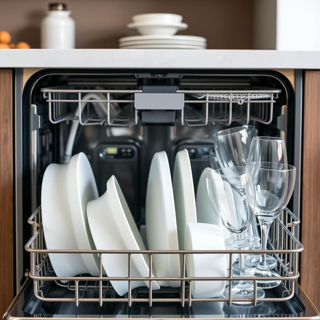 Sparkling clean dishes inside a modern dishwasher