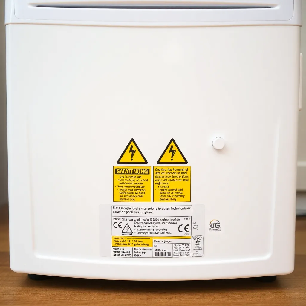 Safety warning labels on the back of a household appliance