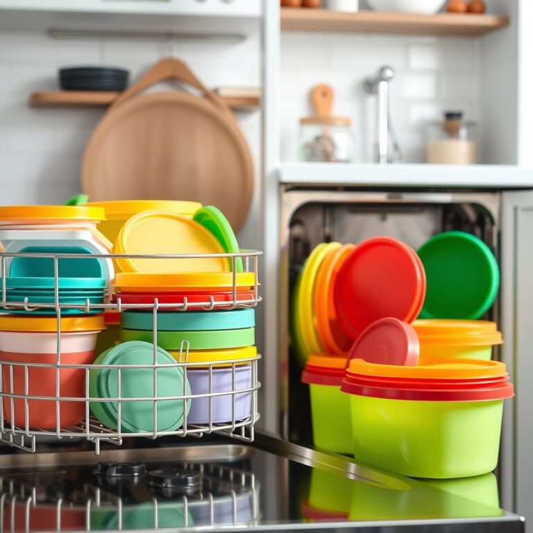 Plastic containers next to an open dishwasher in a modern kitchen