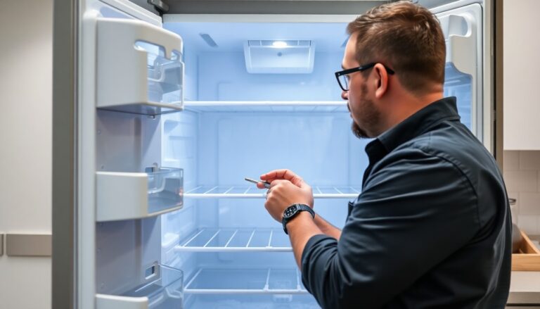 Technician inspecting frosted evaporator coils inside a refrigerator freezer