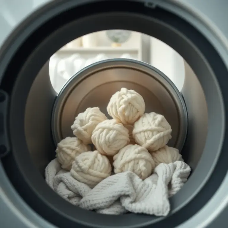 Wool dryer balls inside a dryer drum with laundry