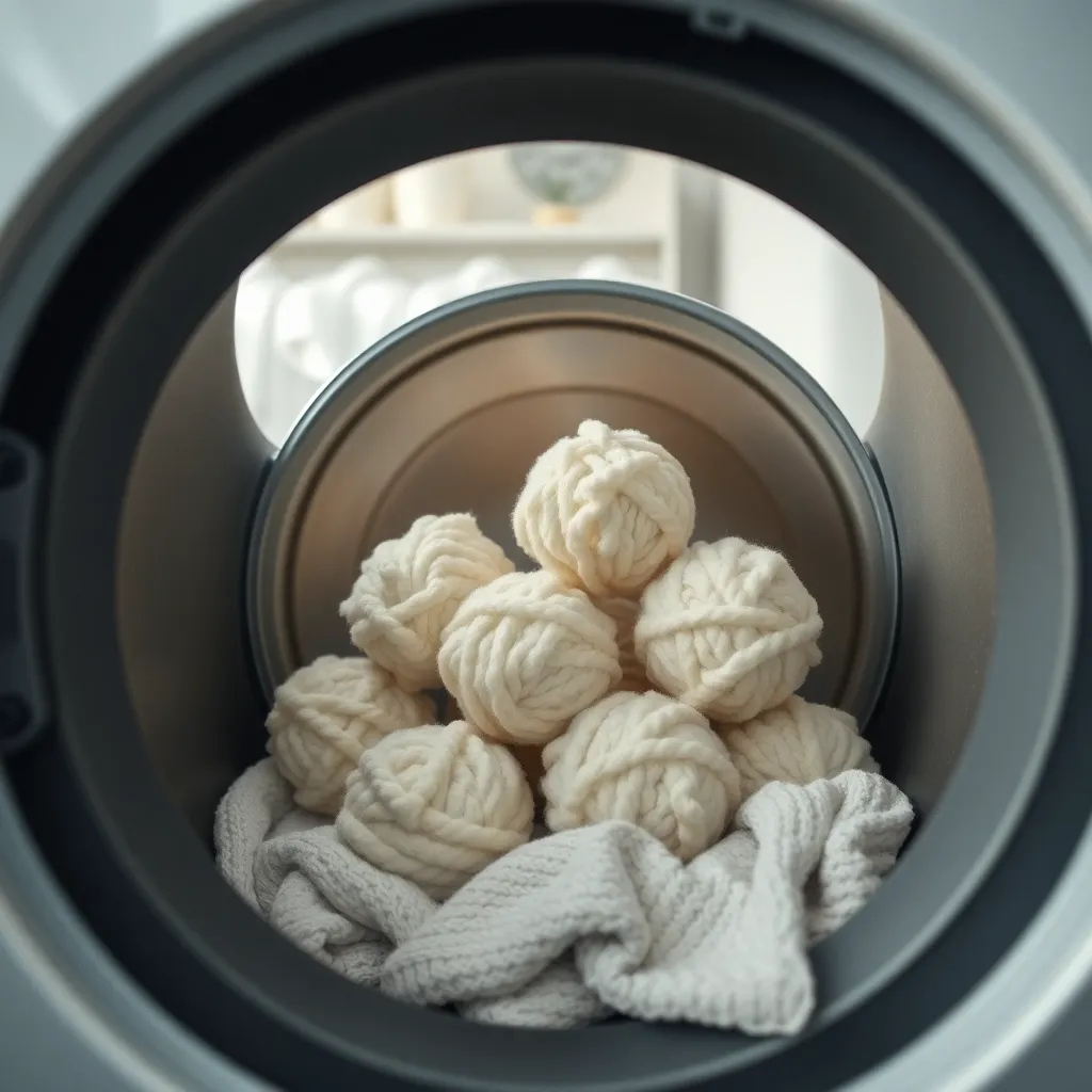 Wool dryer balls inside a dryer drum with laundry