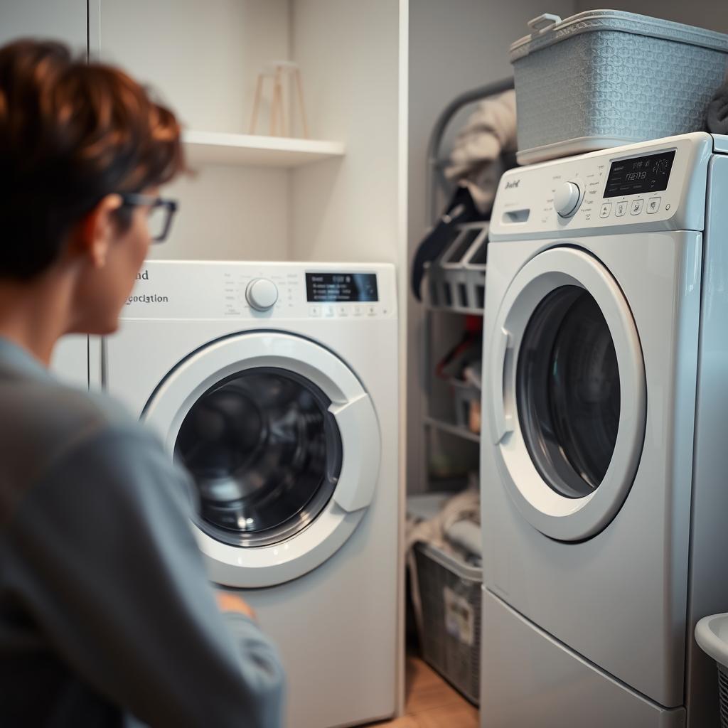 Person concerned about a noisy dryer in a laundry room
