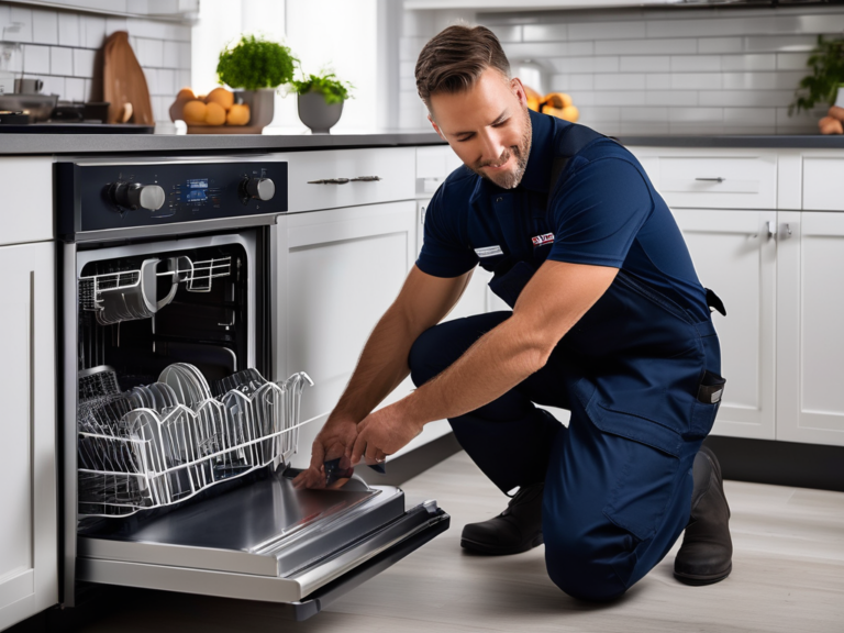 Technician inspecting dishwasher drain filter in a modern kitchen