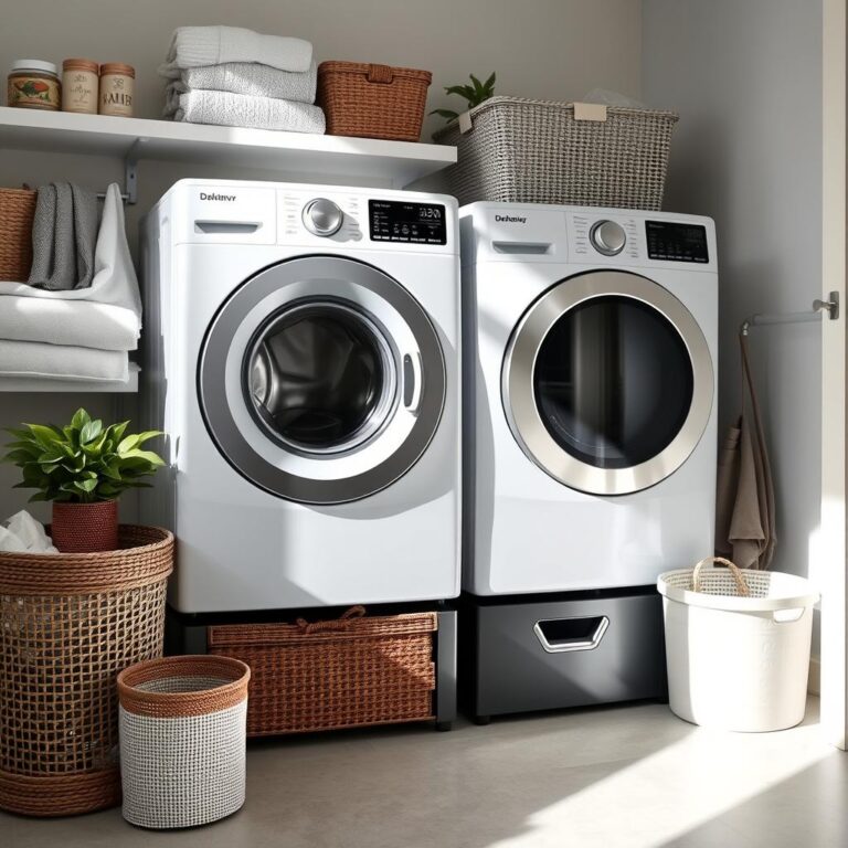 Modern front-load washing machine in a clean laundry room