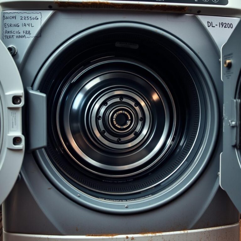 Inside view of a dryer drum showing bearing components during repair