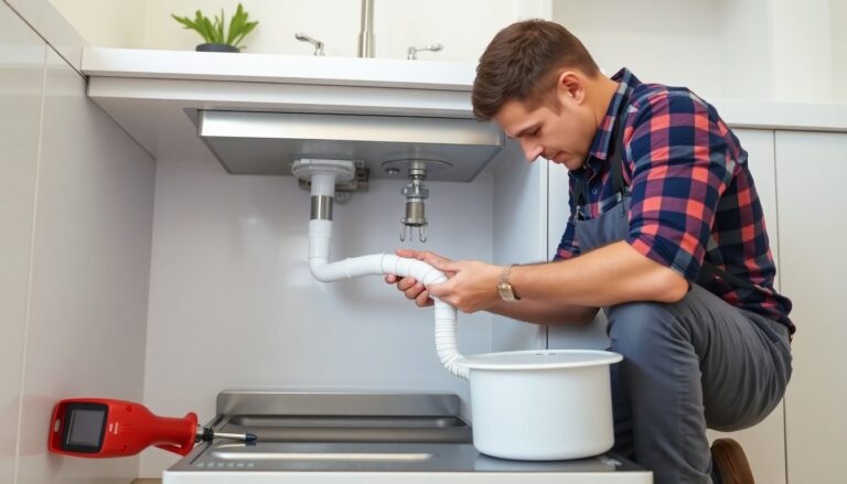 Technician unclogging a dishwasher drain line under a kitchen sink