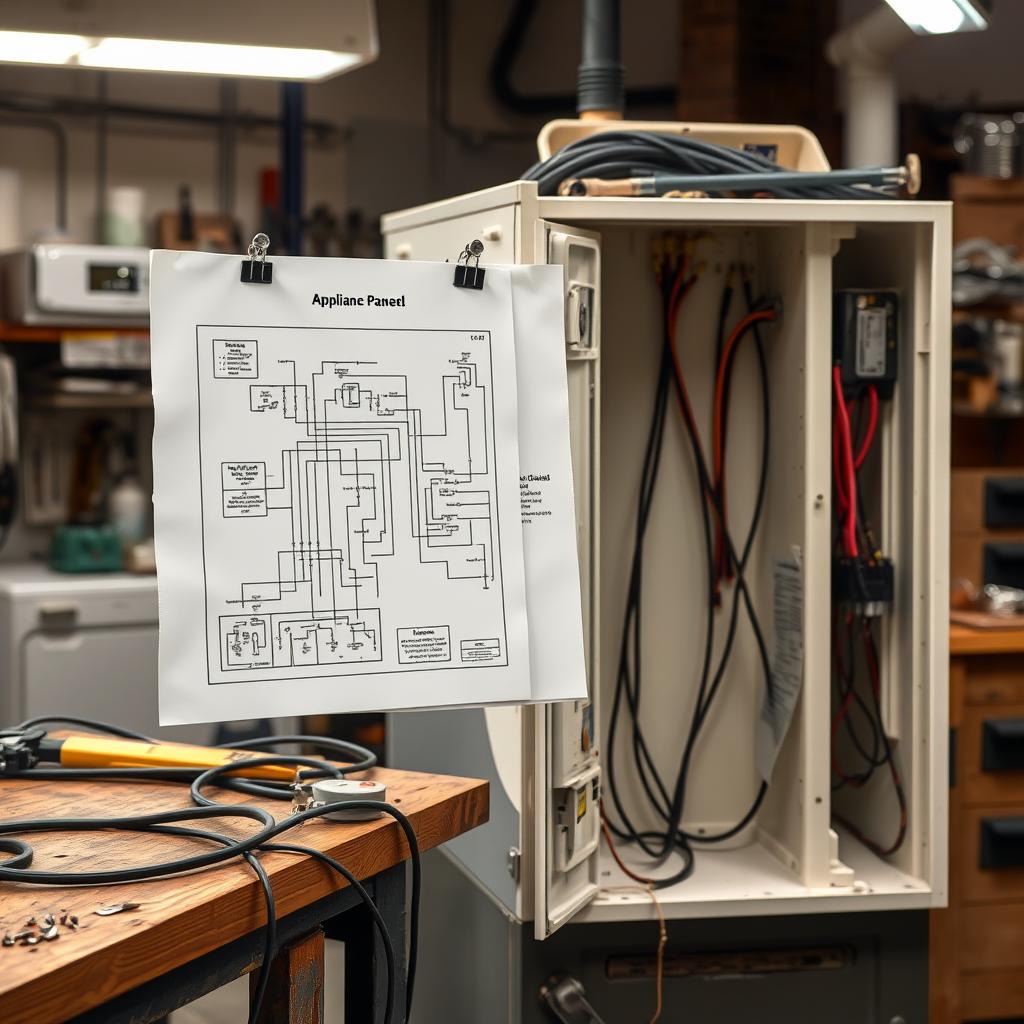 Appliance wiring diagram next to an open appliance showing wire connections