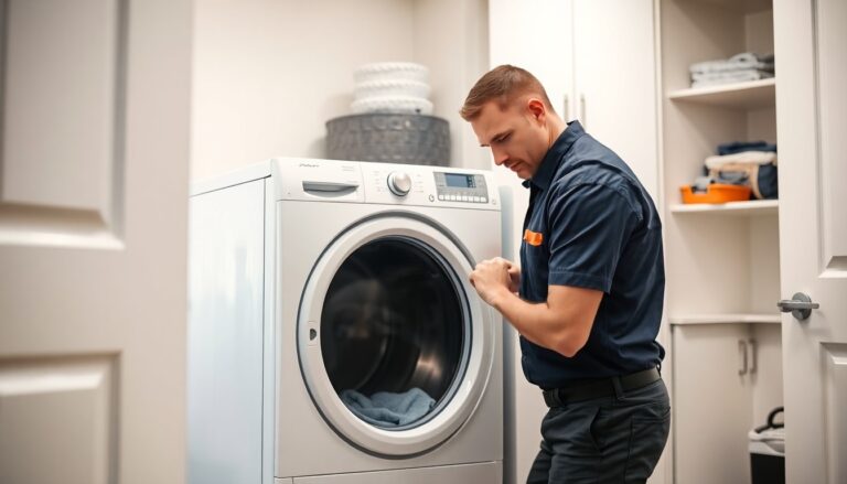 Technician diagnosing a noisy dryer in a modern laundry room