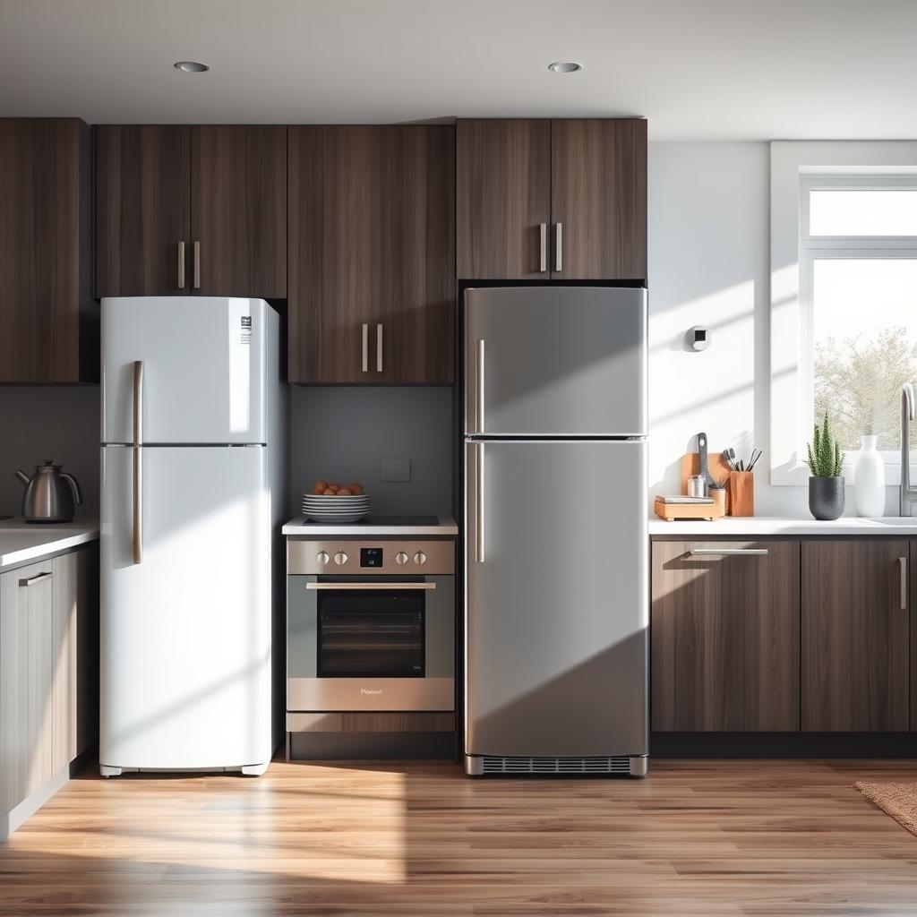 Comparing an older appliance with a new replacement in a kitchen