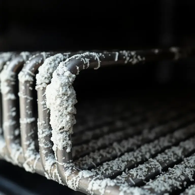 Heavy mineral scale buildup on appliance heating element from hard water