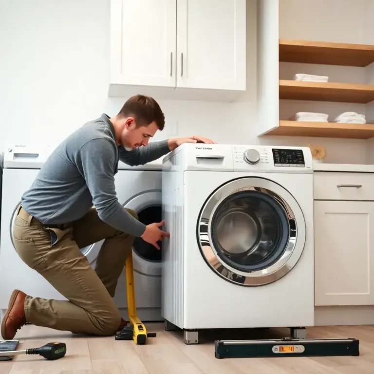 Professional installer leveling a new washing machine