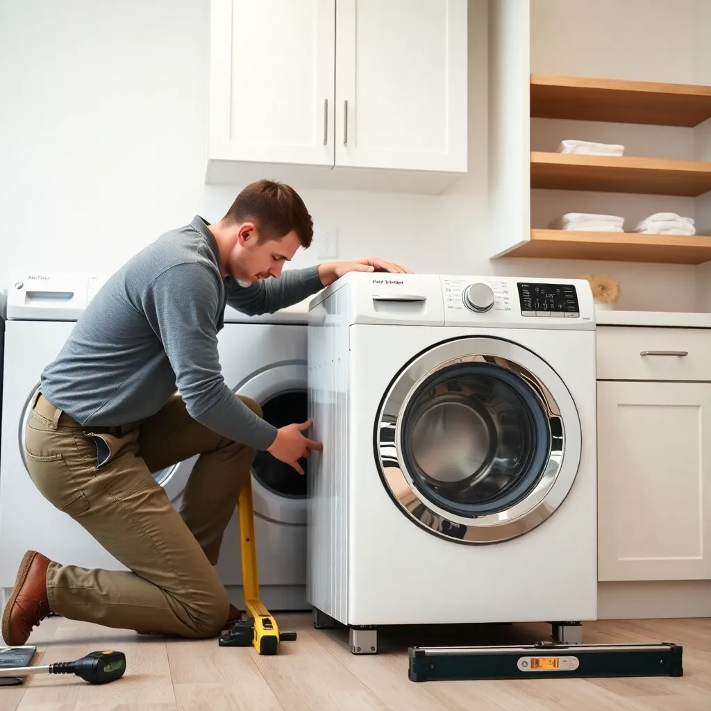 Professional installer leveling a new washing machine