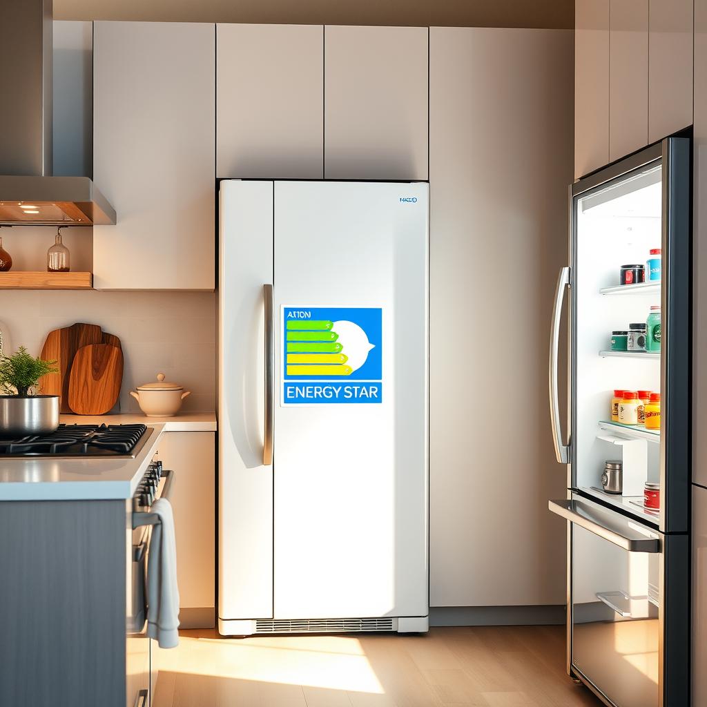Modern energy-efficient kitchen appliances with energy rating label