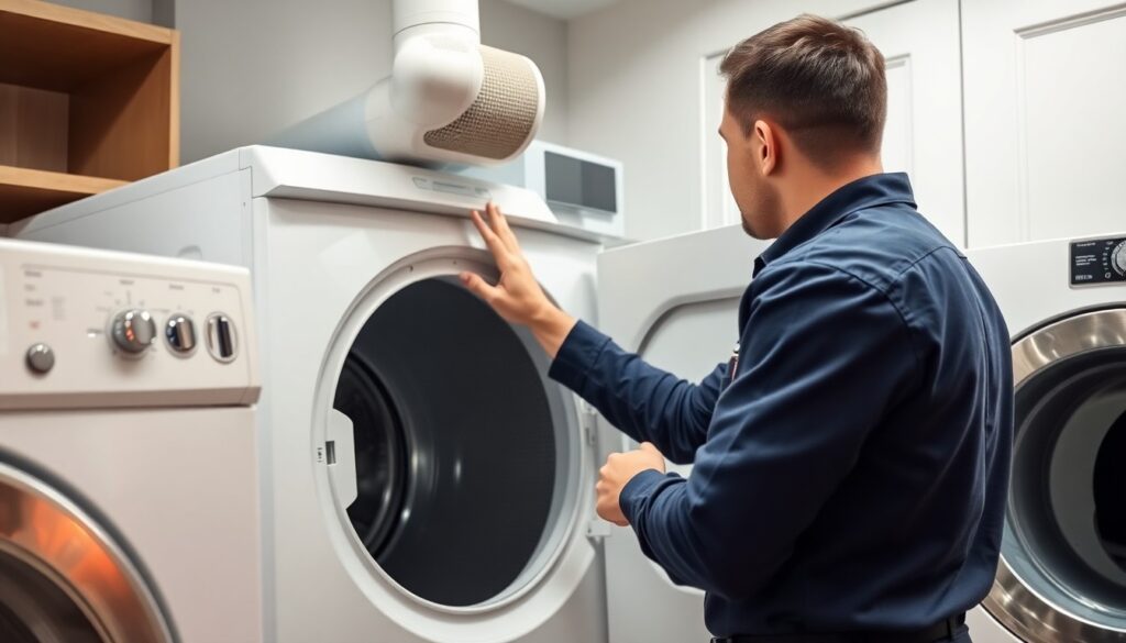 Technician inspecting dryer vent for lint buildup causing slow drying