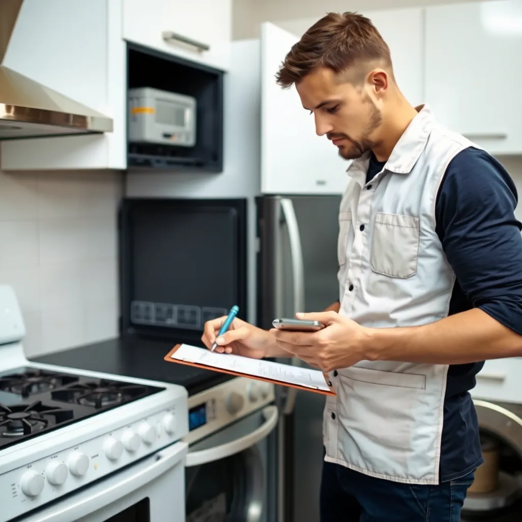 Appliance repair technician writing diagnostic notes on clipboard