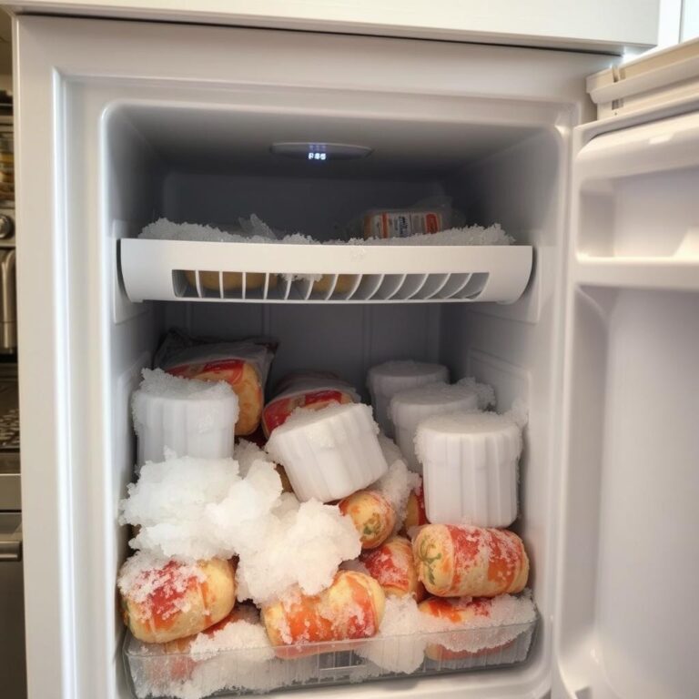 Freezer compartment with frost buildup and frozen food
