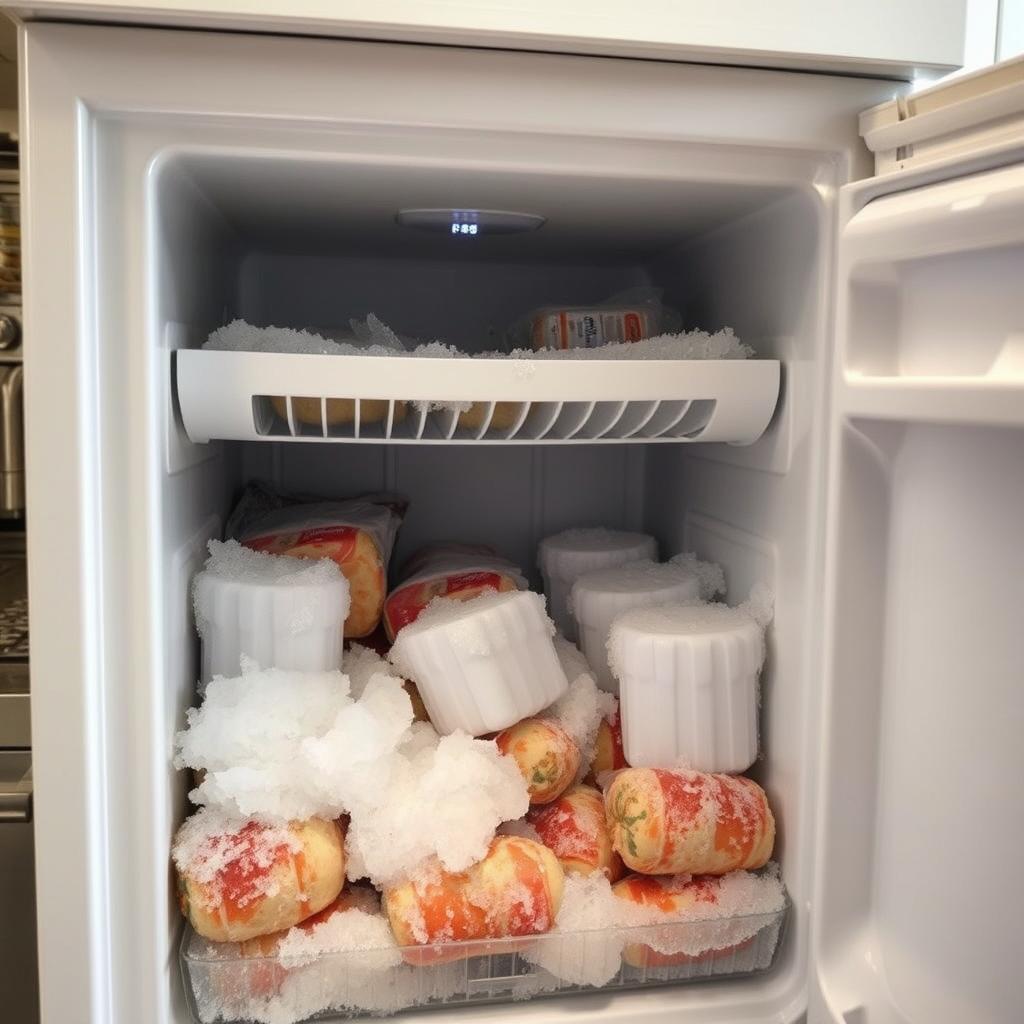 Freezer compartment with frost buildup and frozen food