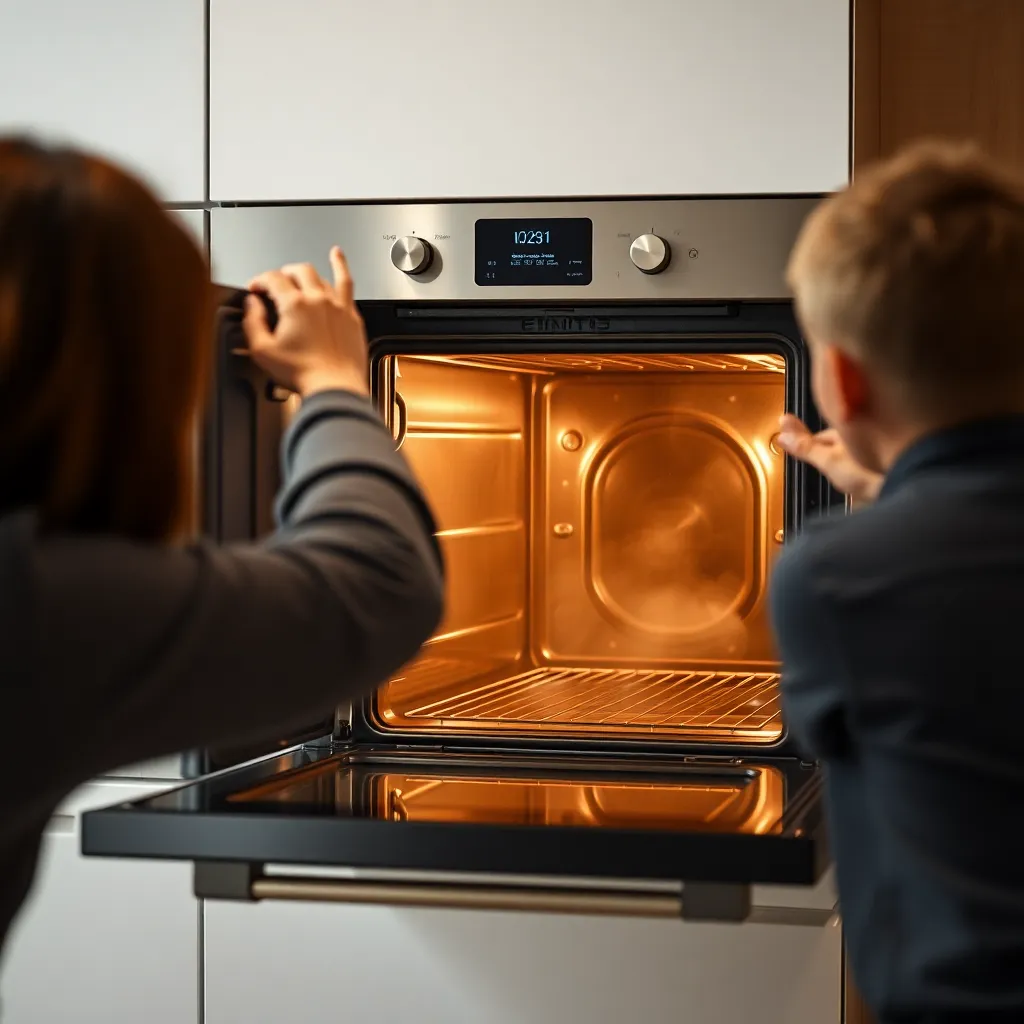 Person opening oven door with visible heat and concern about burning smell