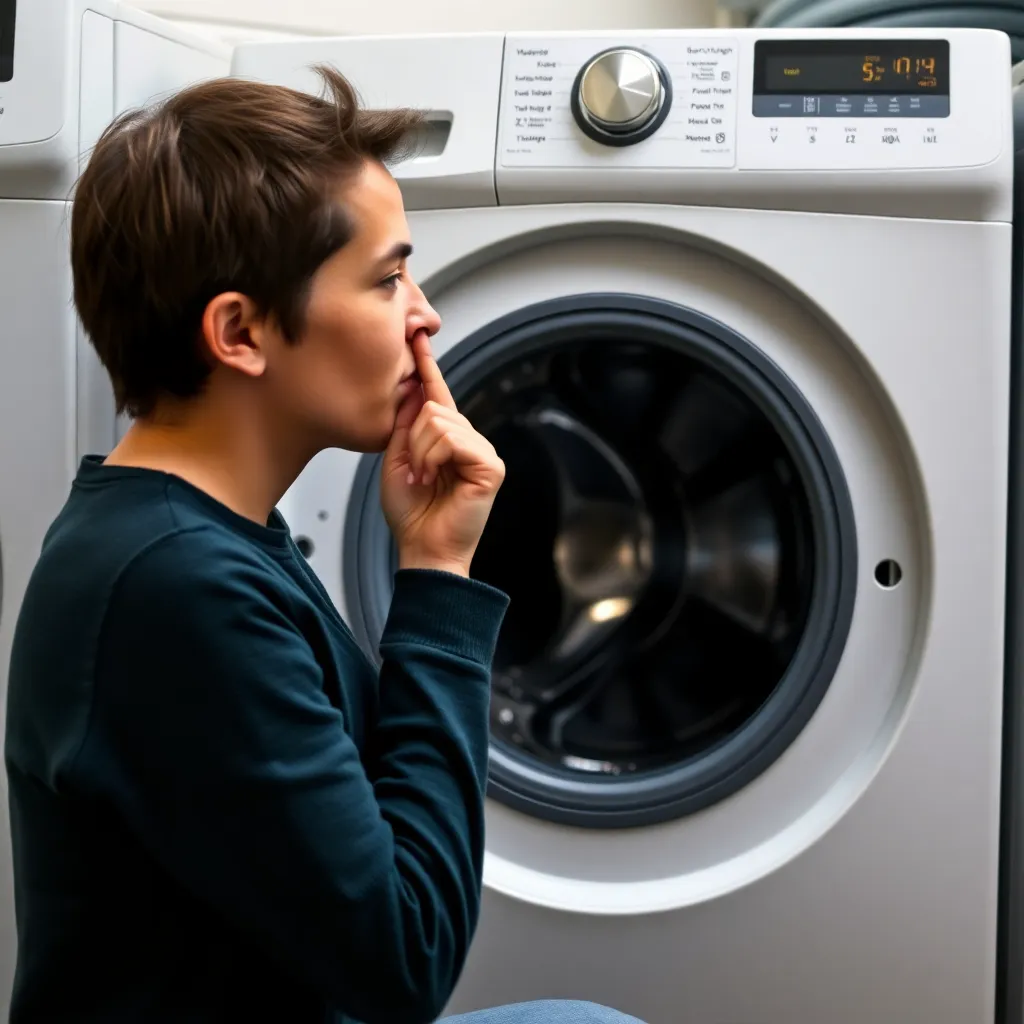 Person reacting to bad smell from washing machine