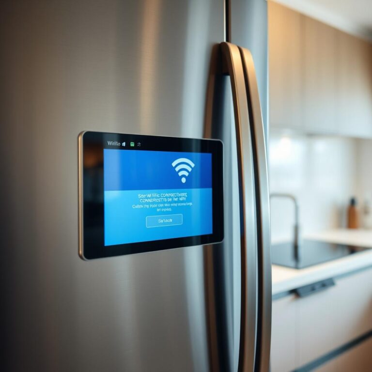 Smart refrigerator with WiFi connectivity display in a modern kitchen