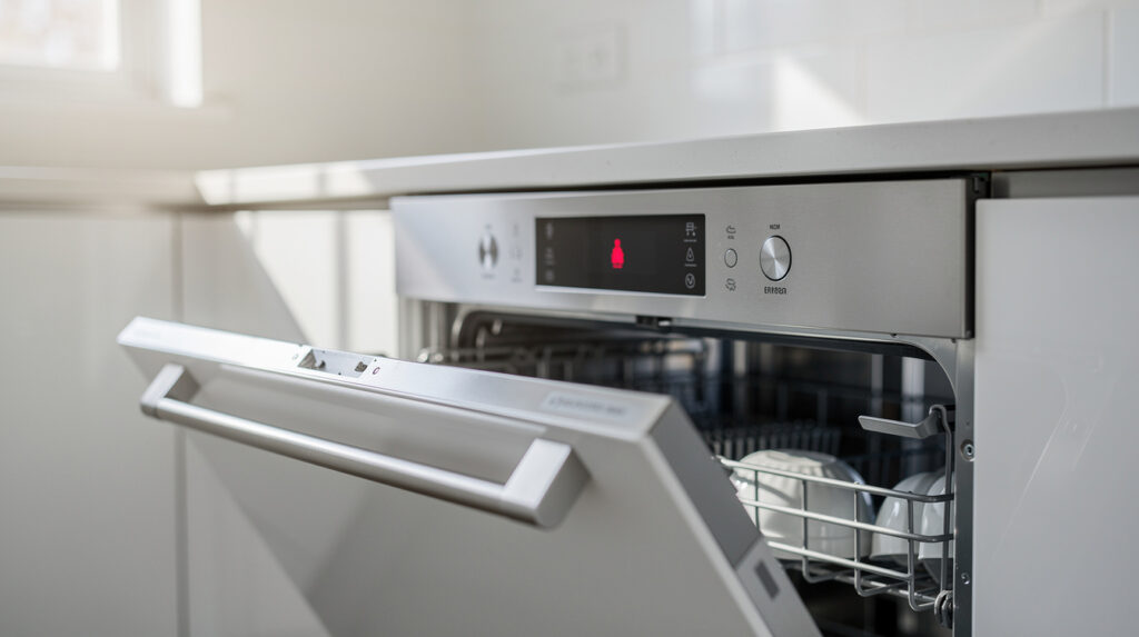 Dishwasher control panel with error light indicating mid-cycle stop