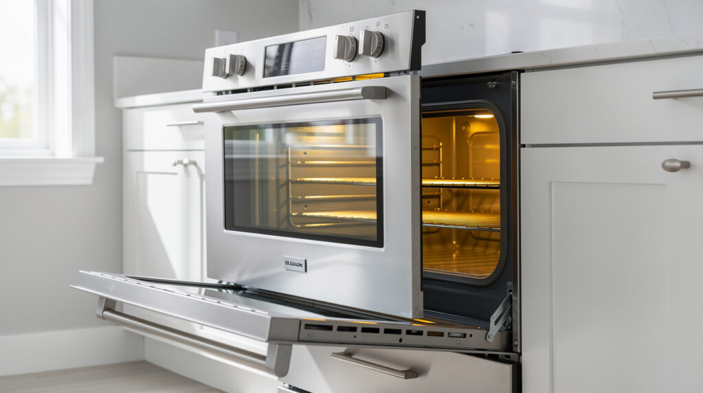 Modern oven with door slightly open showing it won't close all the way