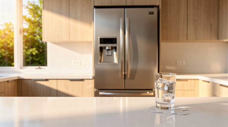 Modern refrigerator in a clean kitchen during summer with sunlight