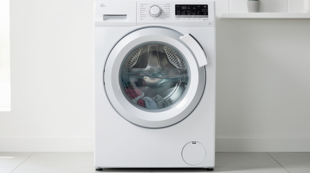 Front-load washing machine with door closed showing standing water inside drum