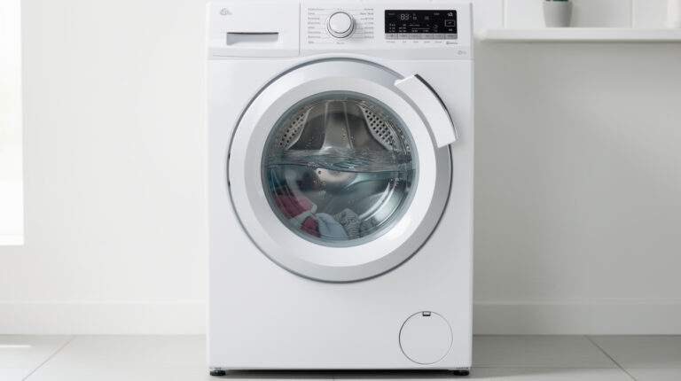 Front-load washing machine with door closed showing standing water inside drum